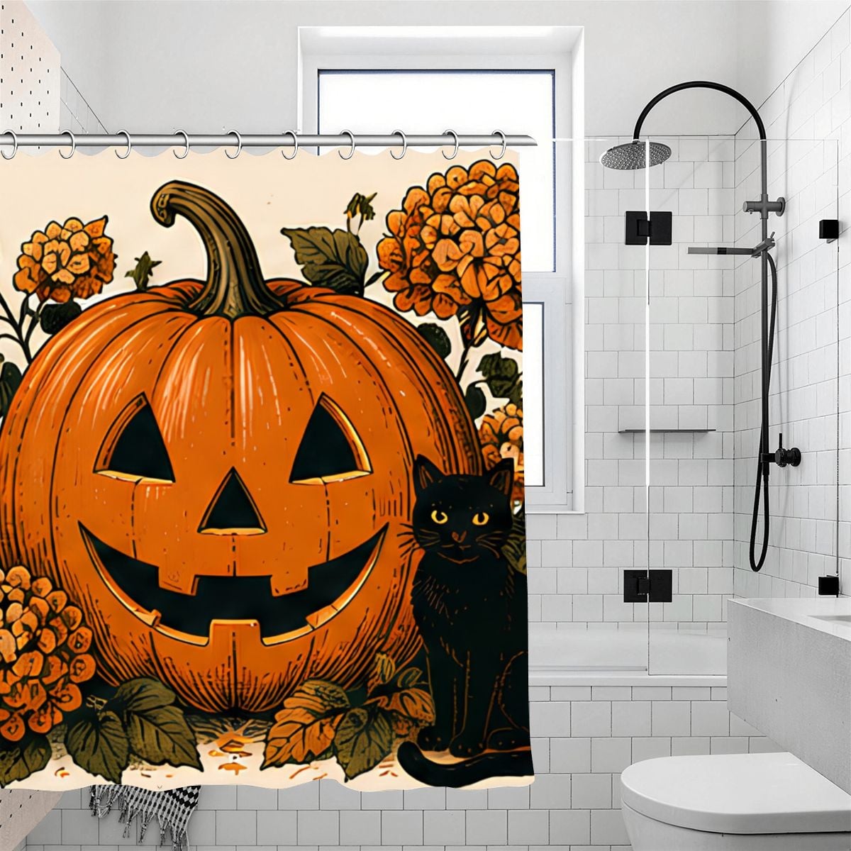 Halloween shower curtain featuring a large jack-o'-lantern pumpkin and a black cat.