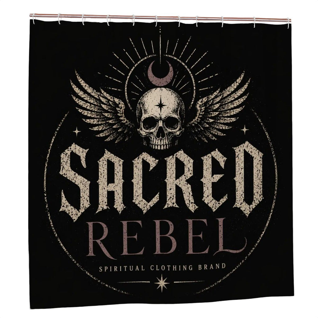 Dark Mystic bathroom decor shower curtain featuring a spiritual skull wing design by Sandy Beach.