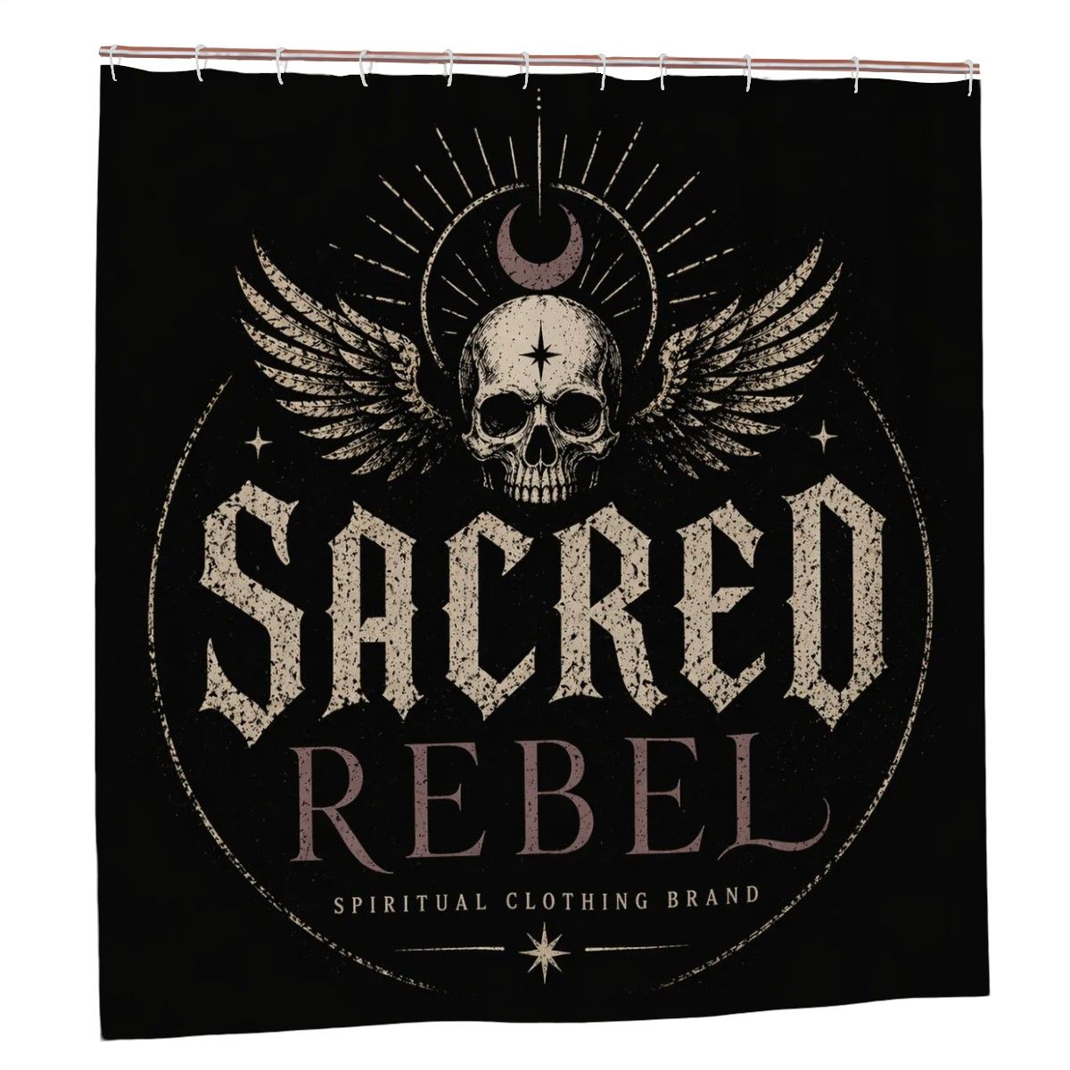 Dark Mystic bathroom decor shower curtain featuring a spiritual skull wing design by Sandy Beach.