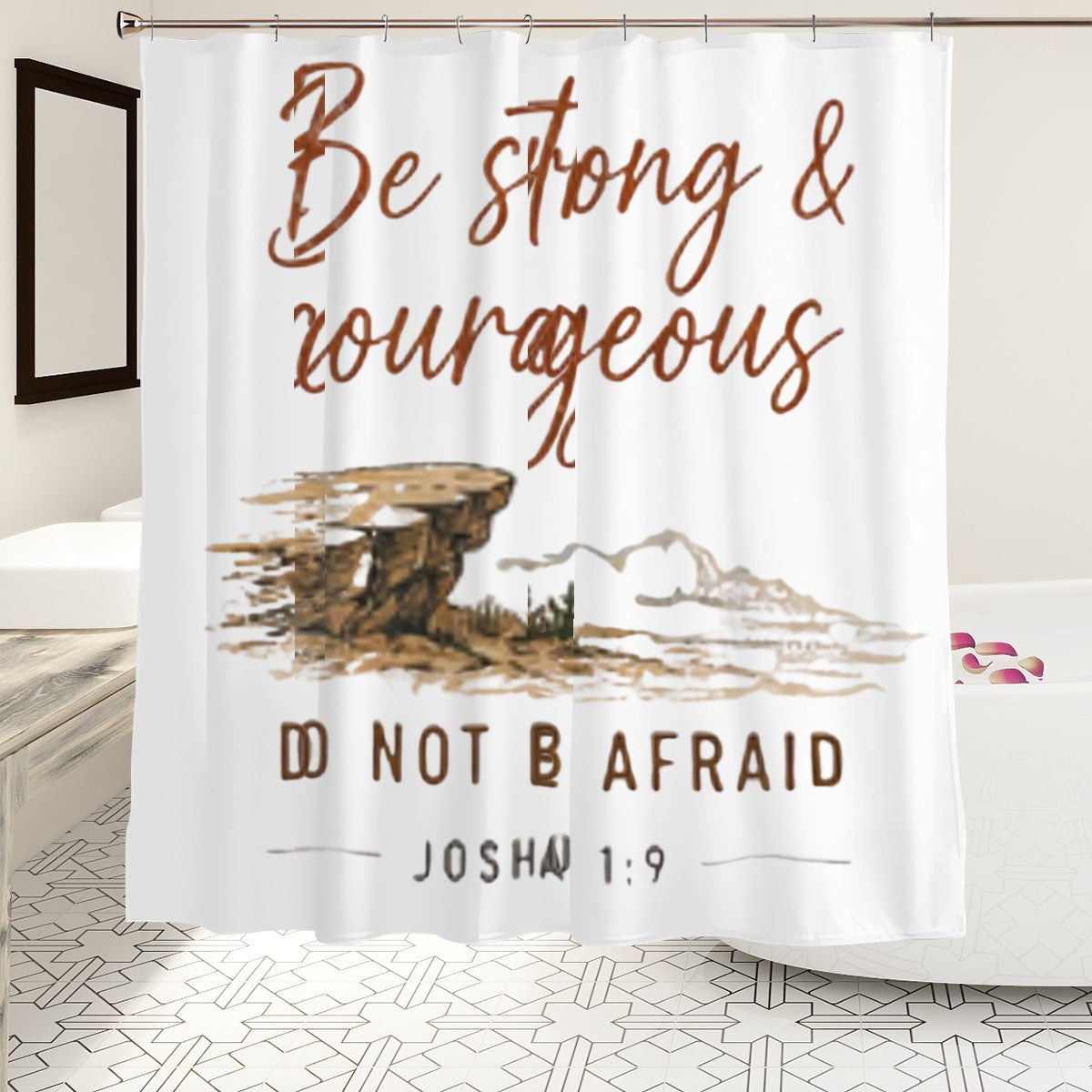Sandy Beach bathroom decor shower curtain with ocean-inspired design, hanging in a modern bathroom setting.