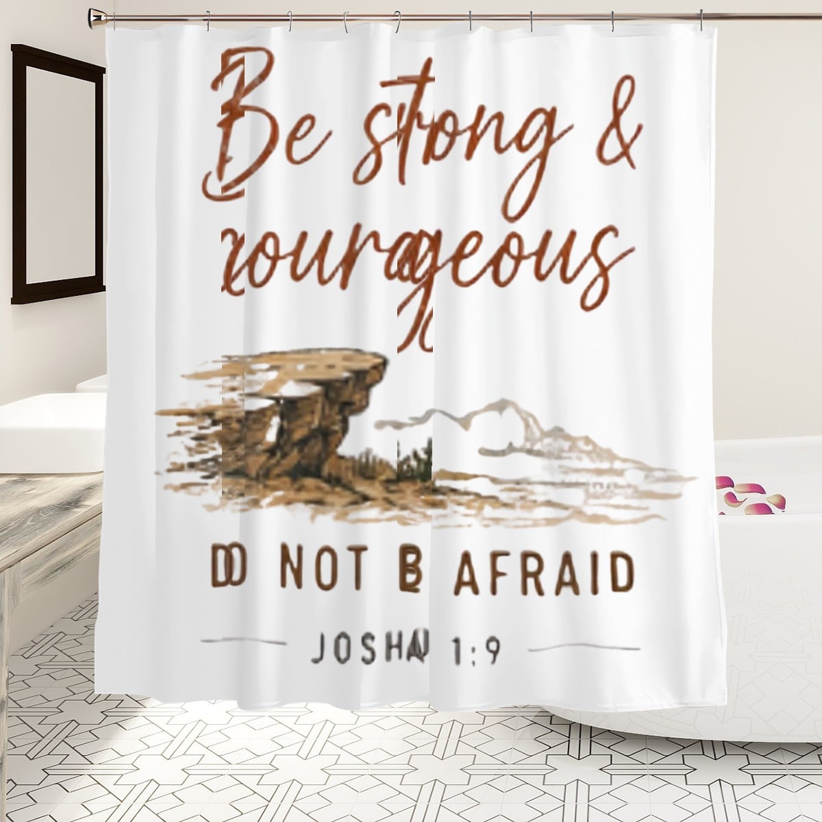 Sandy Beach bathroom decor shower curtain with beach scene design, hanging in a modern bathroom with shower hooks and tiled walls.