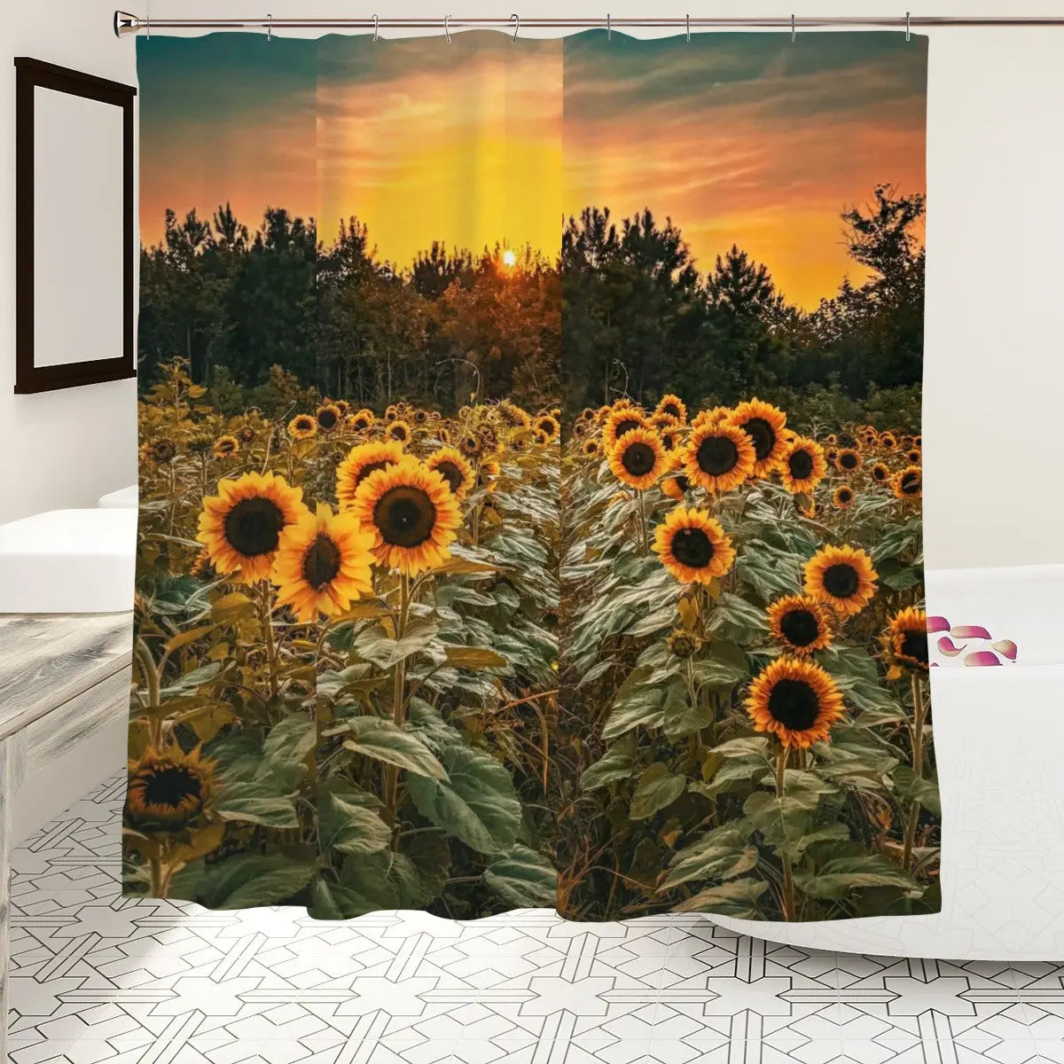 Sunflower Field Sunset Shower Curtain Sandy Beach