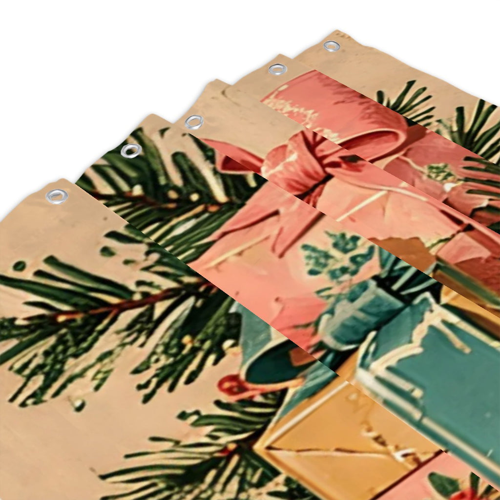 Vintage Christmas Presents Shower Curtain | Pink Bows & Retro Ornaments