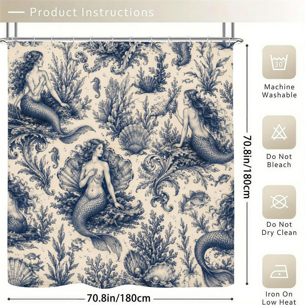 Vintage blue mermaid and seashell pattern shower curtain with care instructions.