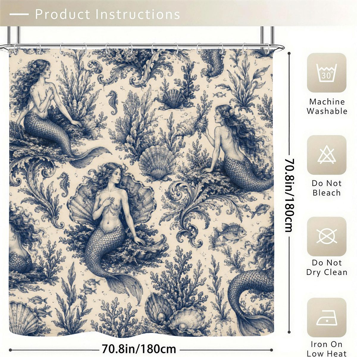 Vintage blue mermaid and seashell pattern shower curtain with care instructions.