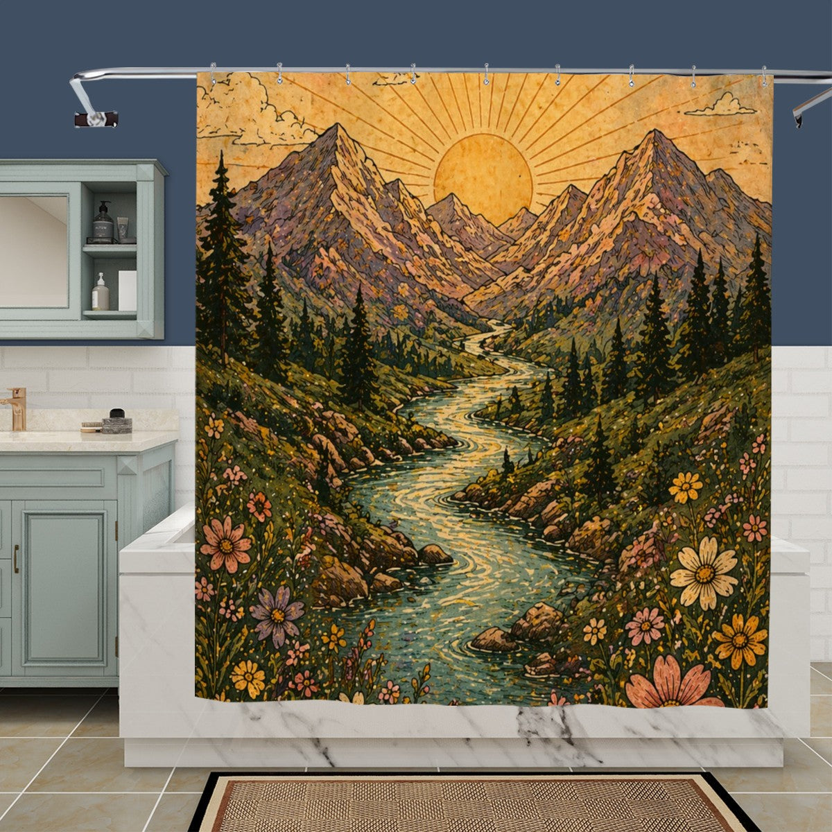 Sandy Beach bathroom decor shower curtain with ocean-themed design, featuring beach and wave imagery for a coastal look.