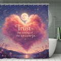 Celestial shower curtain with pink heart clouds, moon, and universe timing quote.