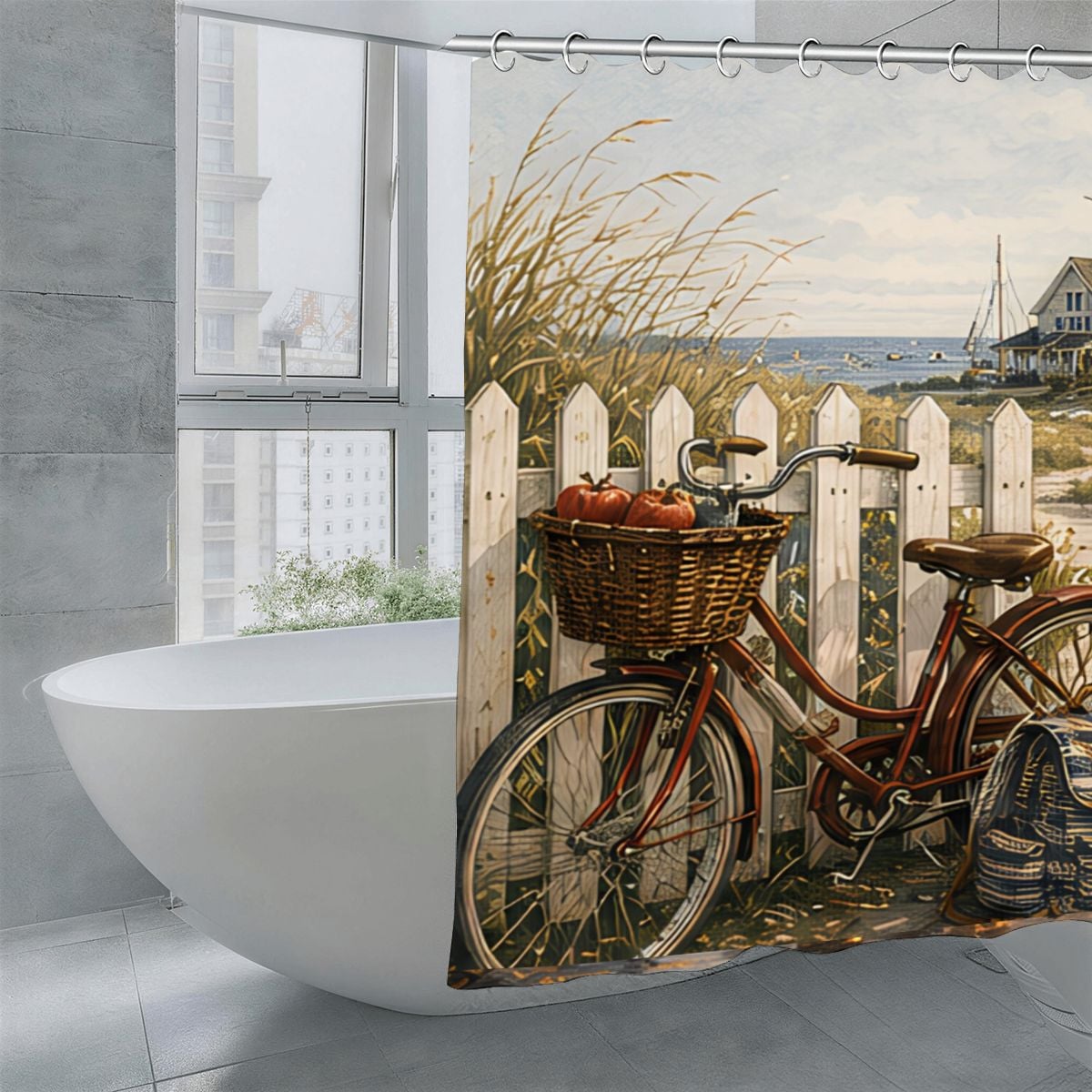 Coastal scene shower curtain featuring a vintage red bicycle with a pumpkin basket by a white fence.