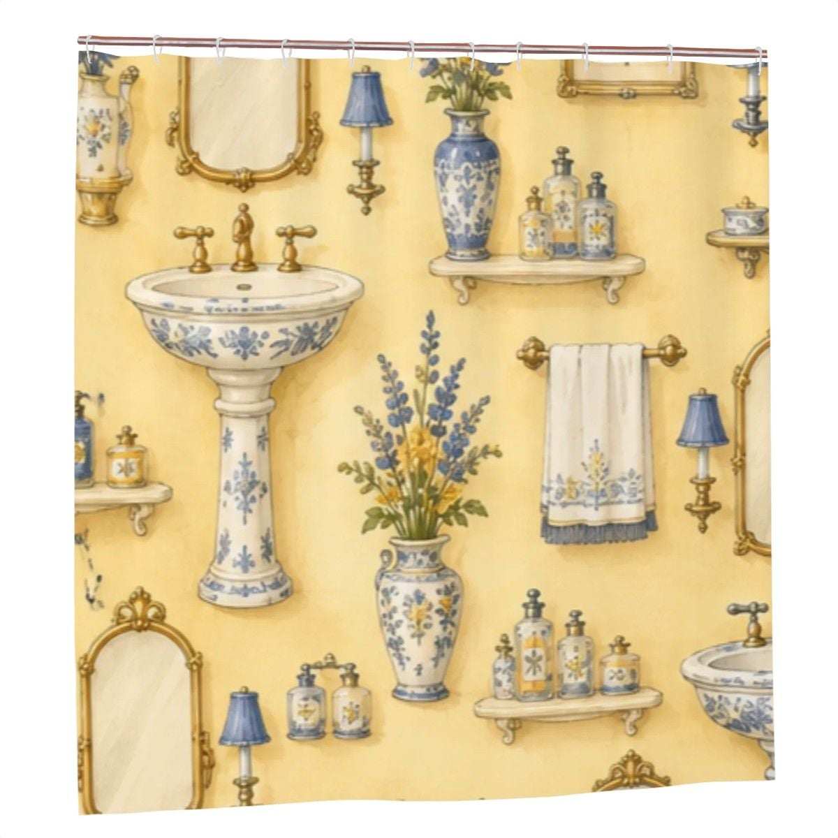 French Provencal Shower Curtain – Sunny Yellow Lavender Delft Pedestal Sink Bathroom Decor
