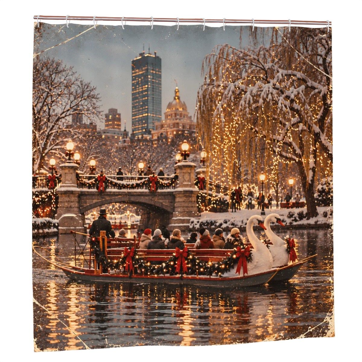 Boston Swan Boats Christmas Shower Curtain | New England Winter Scene