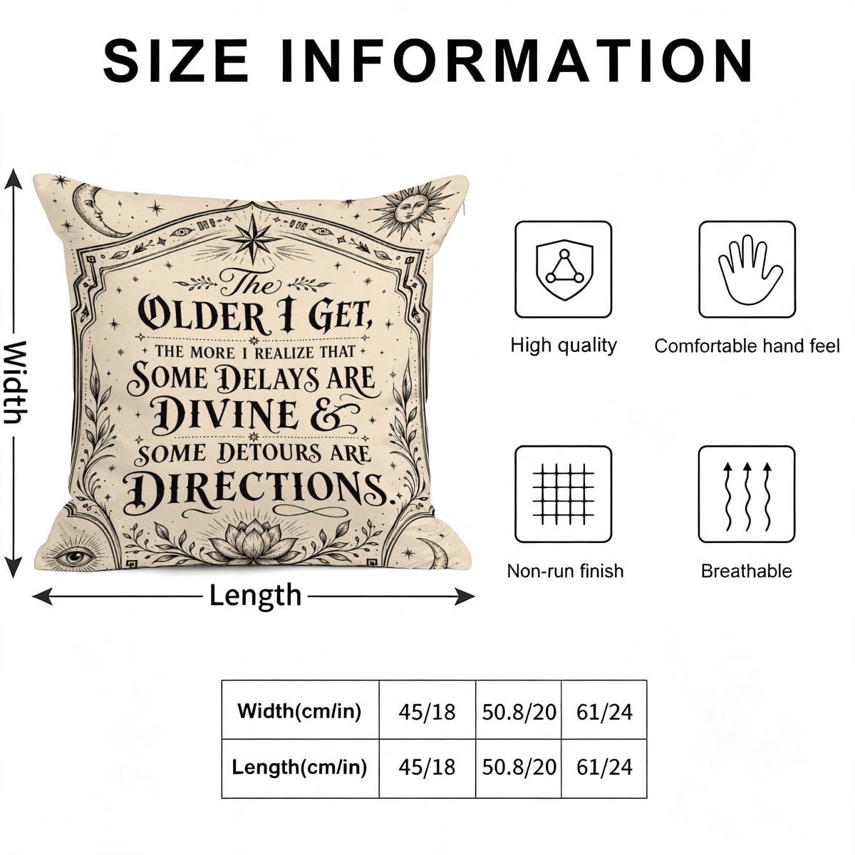 Decorative quote throw pillow with celestial design and size information chart.