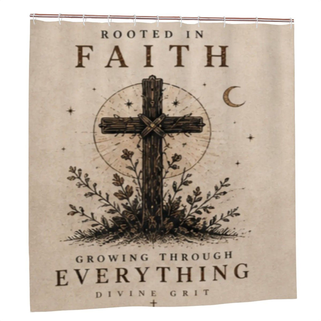 Rooted in Faith Growing Through Everything Shower Curtain – Divine Grit Christian Cross Bathroom Decor
