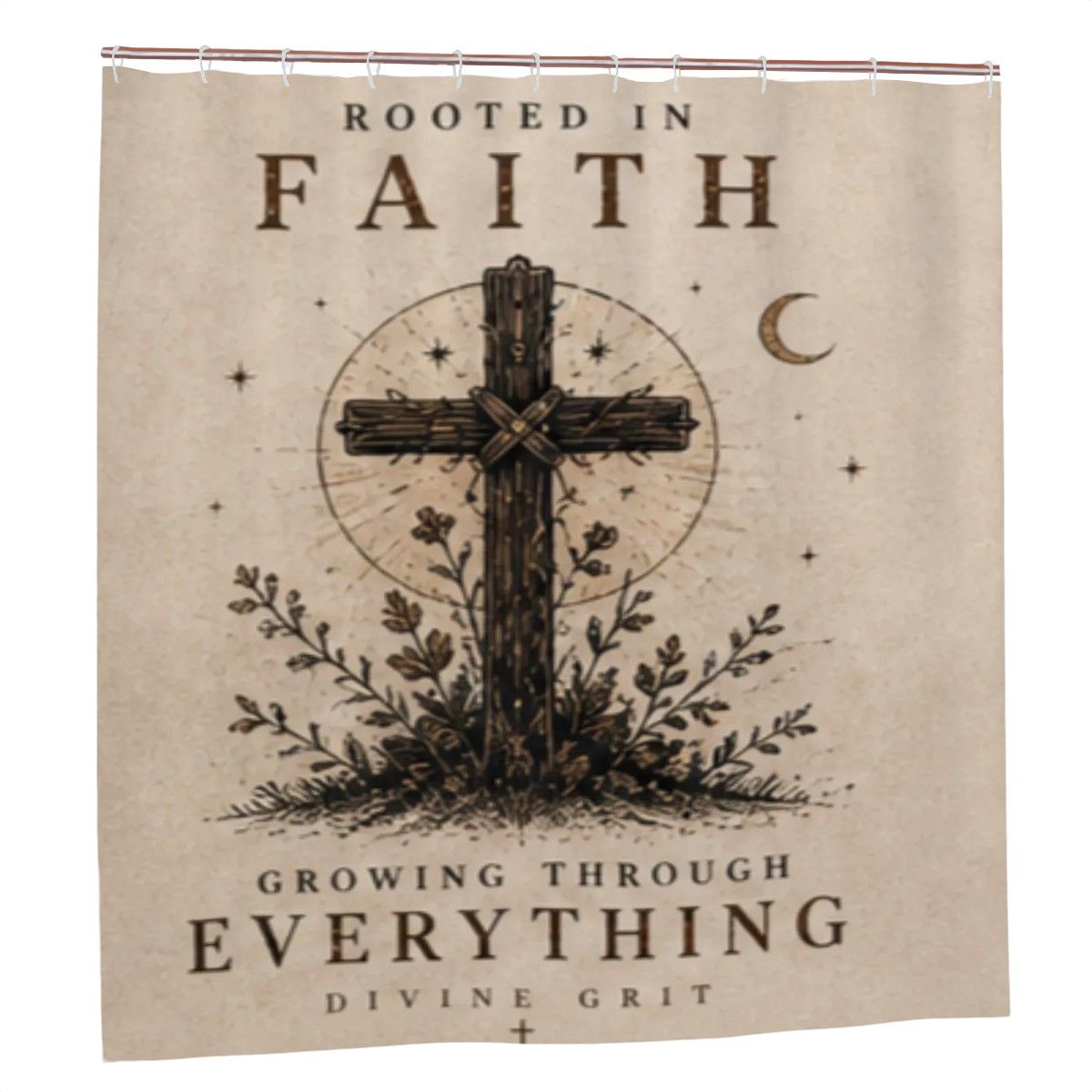 Rooted in Faith Growing Through Everything Shower Curtain – Divine Grit Christian Cross Bathroom Decor