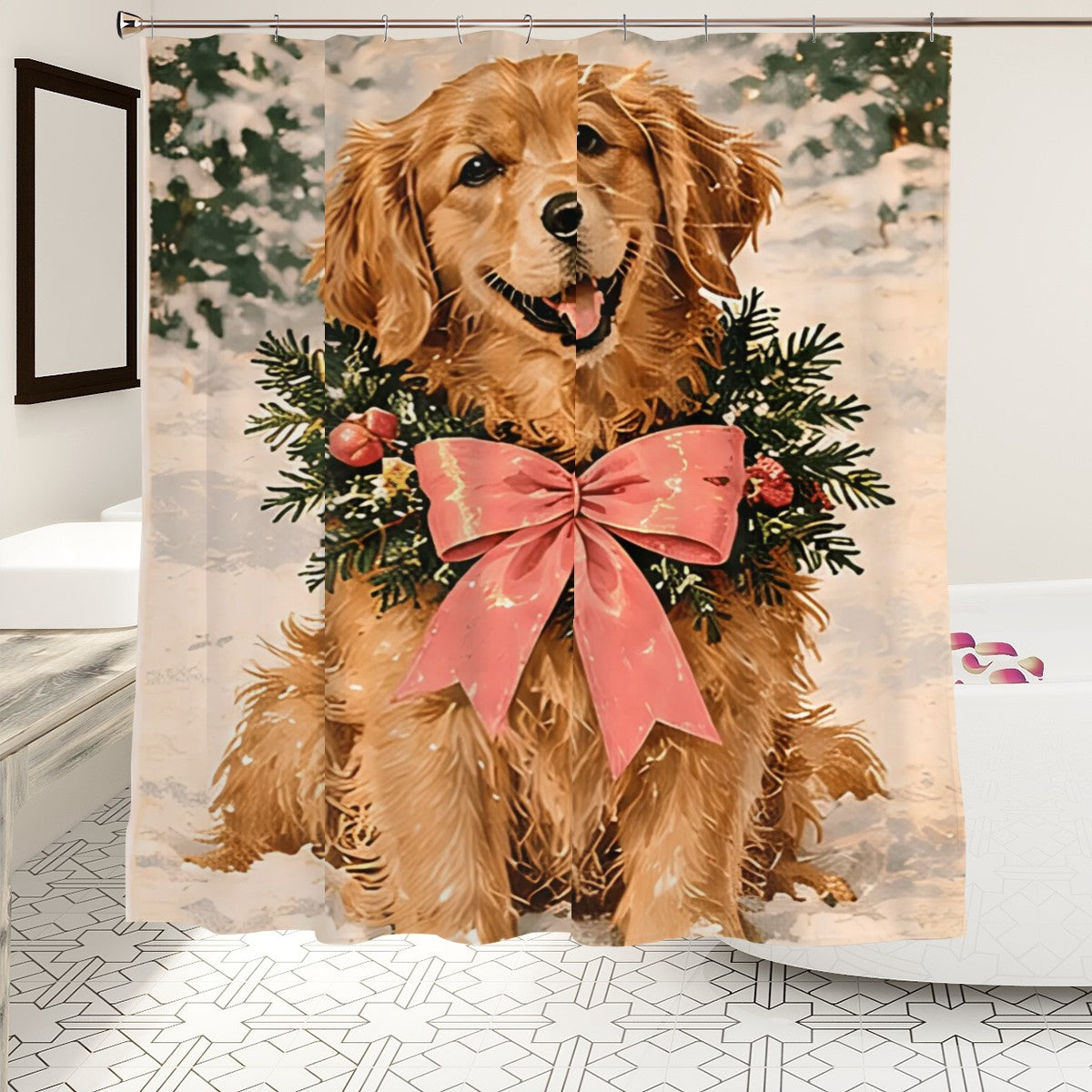 Golden Retriever Christmas Shower Curtain | Pink Bow & Winter Evergreens