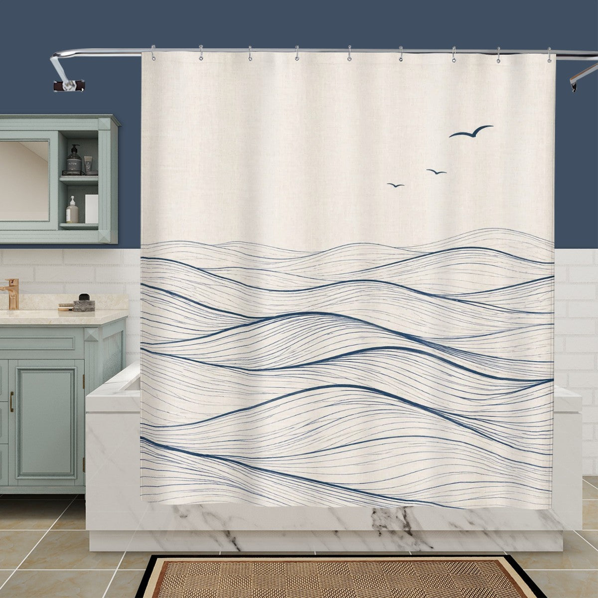 Sandy Beach bathroom decor shower curtain featuring a vibrant beach scene, ideal for enhancing bathroom style.
