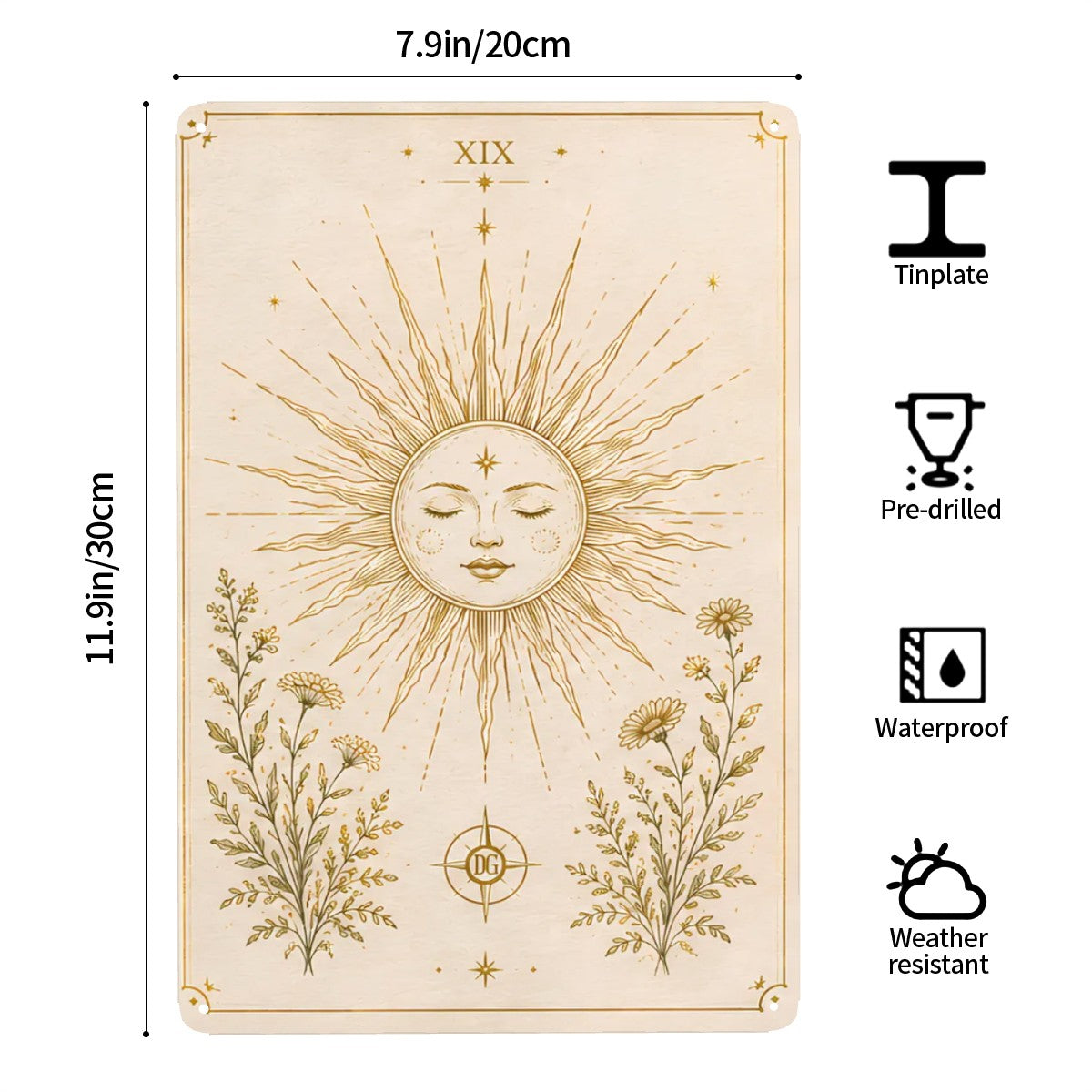 Celestial sun and wildflower design tinplate garden flag, 7.9x11.9 inches.