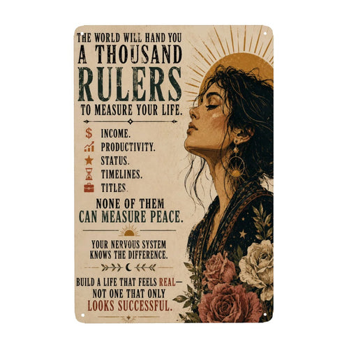 Inspirational metal wall art sign featuring a woman's profile and motivational quote about peace.