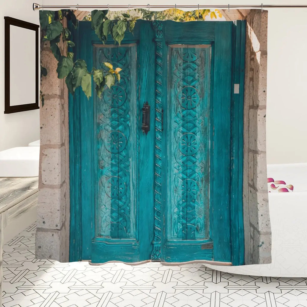 Turquoise carved door shower curtain with intricate patterns, ideal for bathroom decor by Sandy Beach.