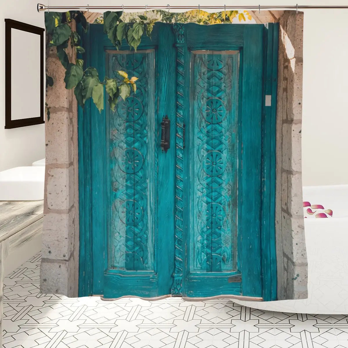 Turquoise Carved Door Shower Curtain Sandy Beach