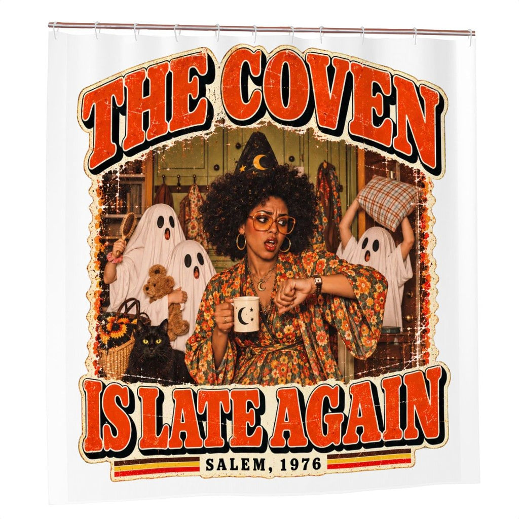 The Coven Is Late Again Shower Curtain - 72" x 72" Retro Halloween Witch Print