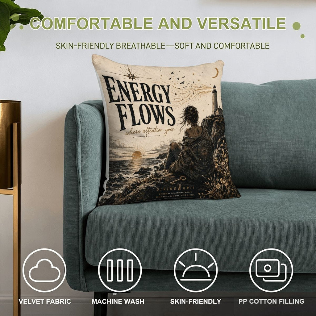 Decorative velvet throw pillow with Energy Flows quote and coastal lighthouse illustration.