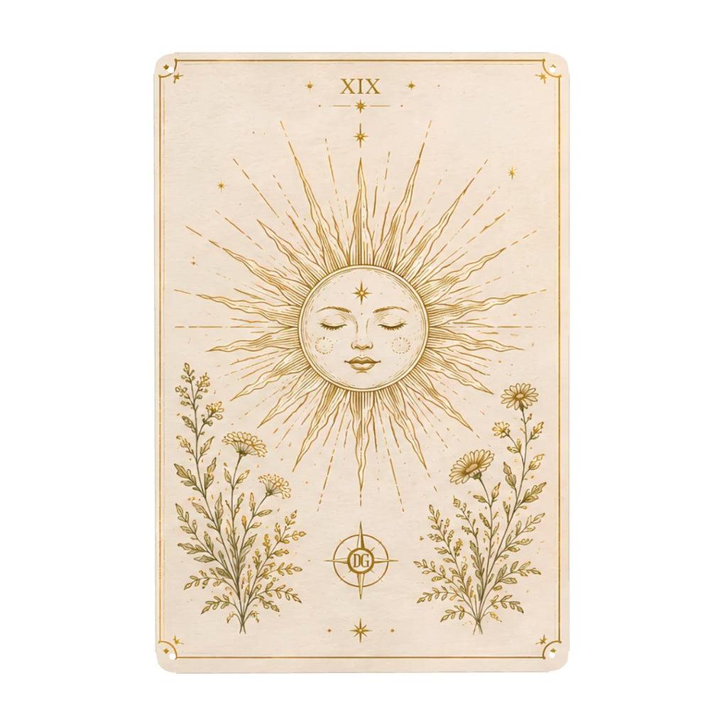 Celestial sun face with rays and botanical wildflowers on a vintage tarot style garden flag.