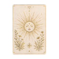 Celestial sun face with rays and botanical wildflowers on a vintage tarot style garden flag.