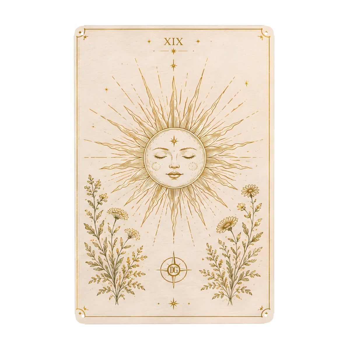 Celestial sun face with rays and botanical wildflowers on a vintage tarot style garden flag.