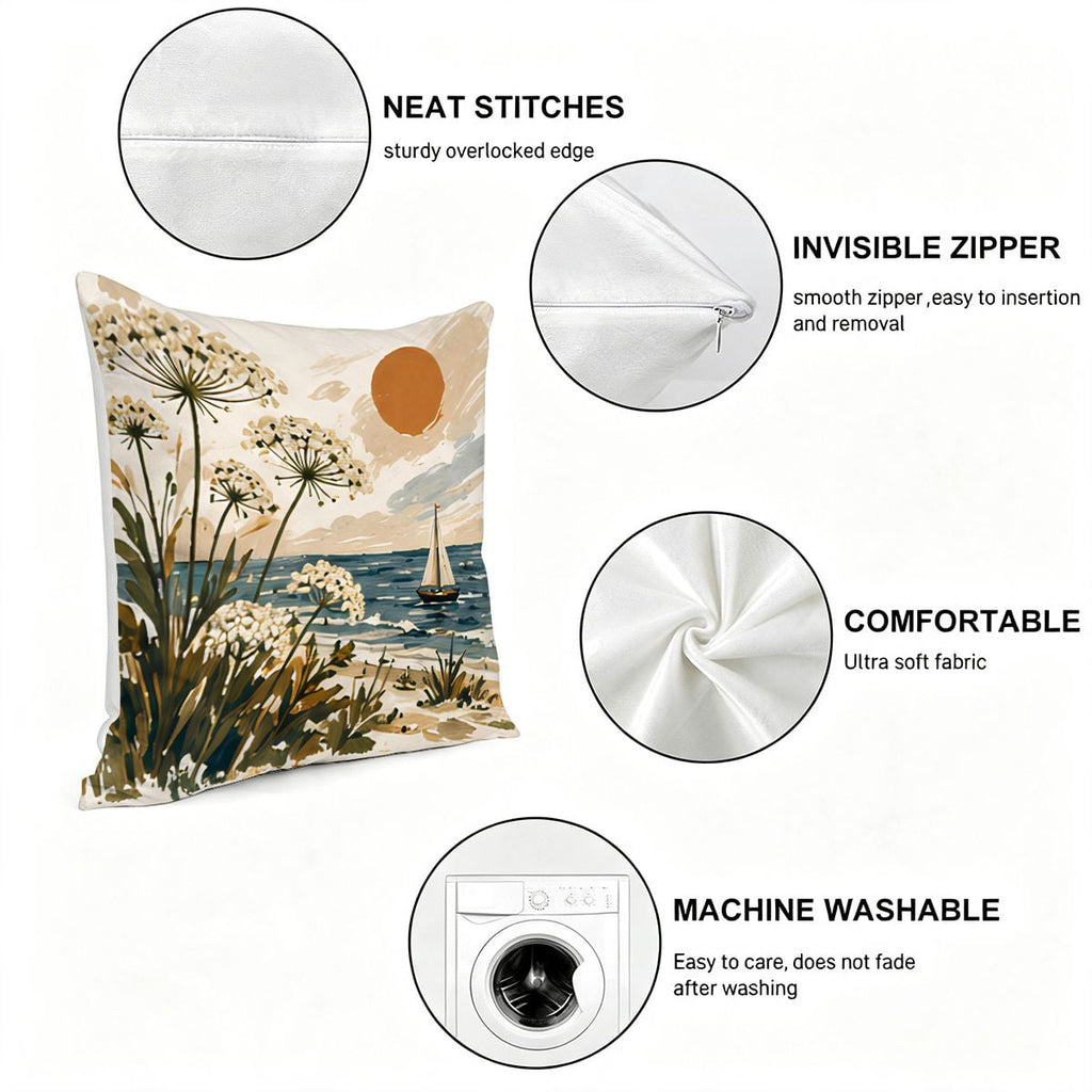 Decorative coastal landscape throw pillow with beach scenery, invisible zipper, and soft fabric.