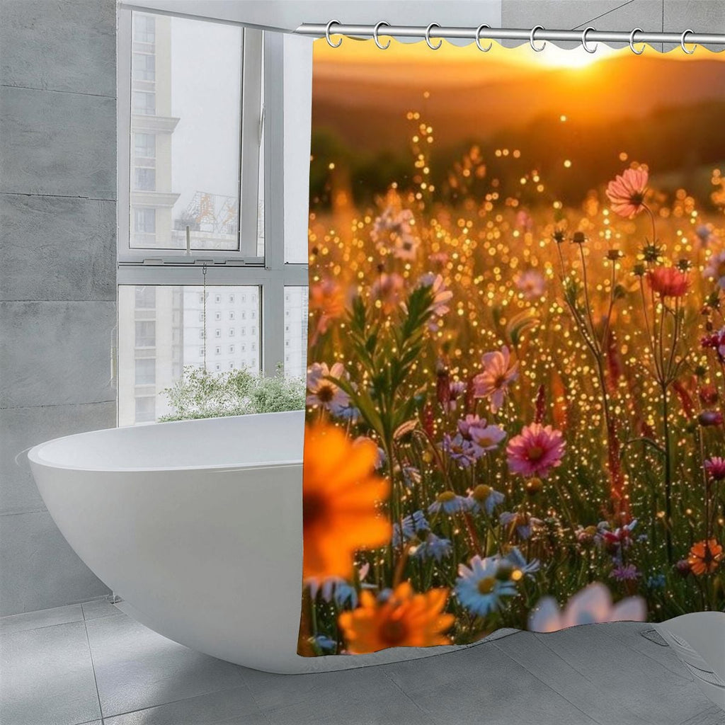 Floral shower curtain featuring a sunset wildflower meadow with warm glowing light.