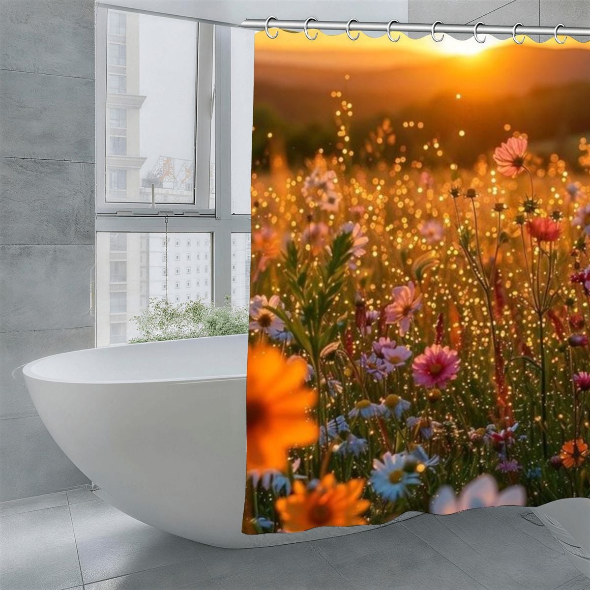 Floral shower curtain featuring a sunset wildflower meadow with warm glowing light.