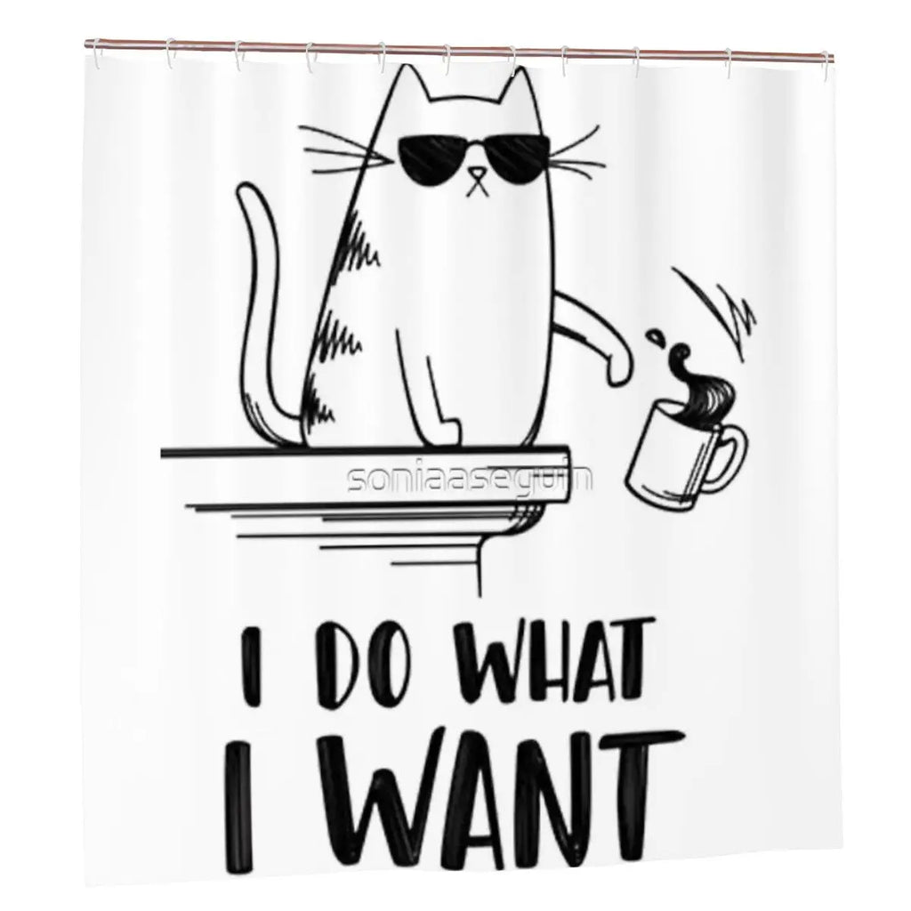 Sandy Beach "I Do What I Want" cat shower curtain with playful design, perfect for fun bathroom decor.