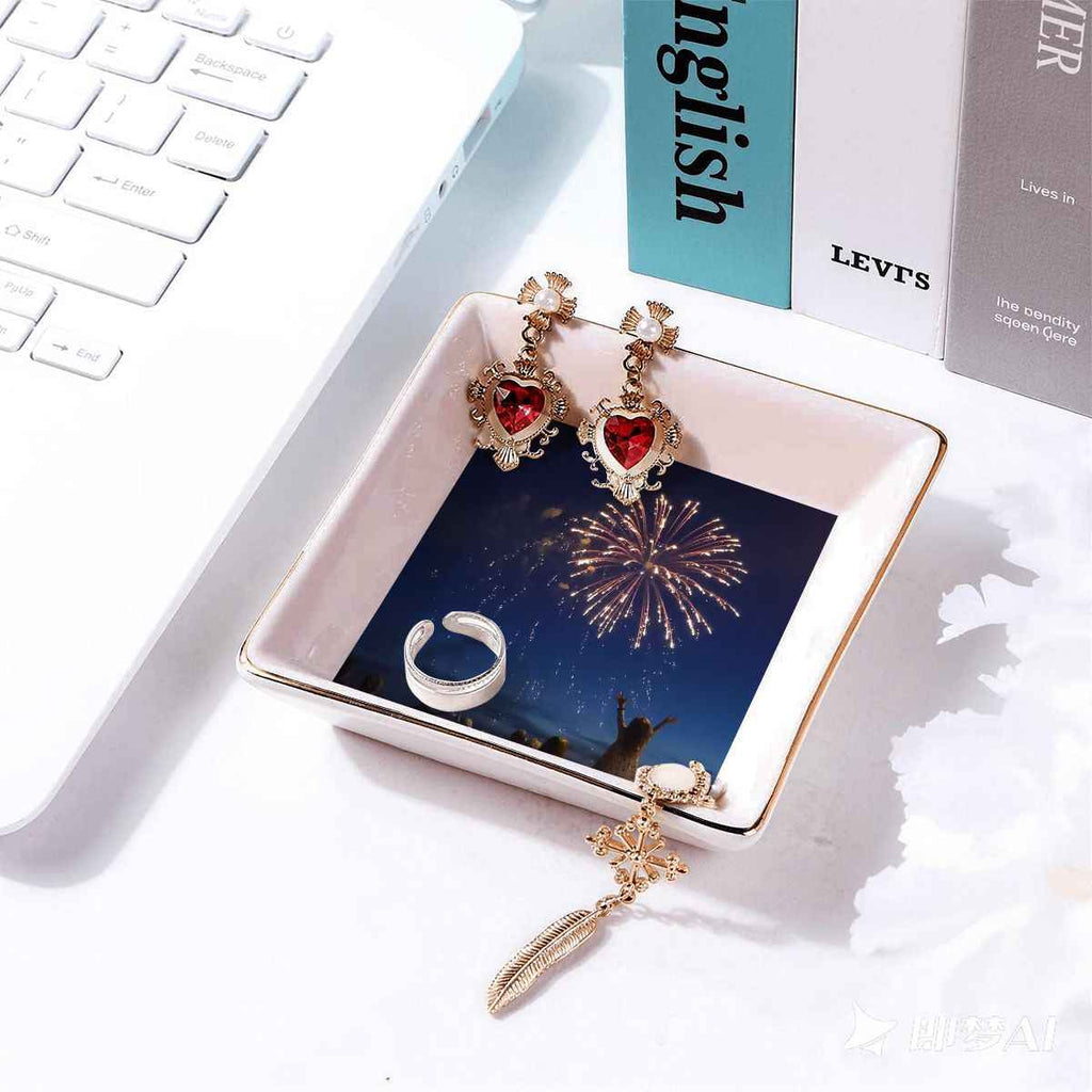 Gold Trim Jewelry Dish Fireworks