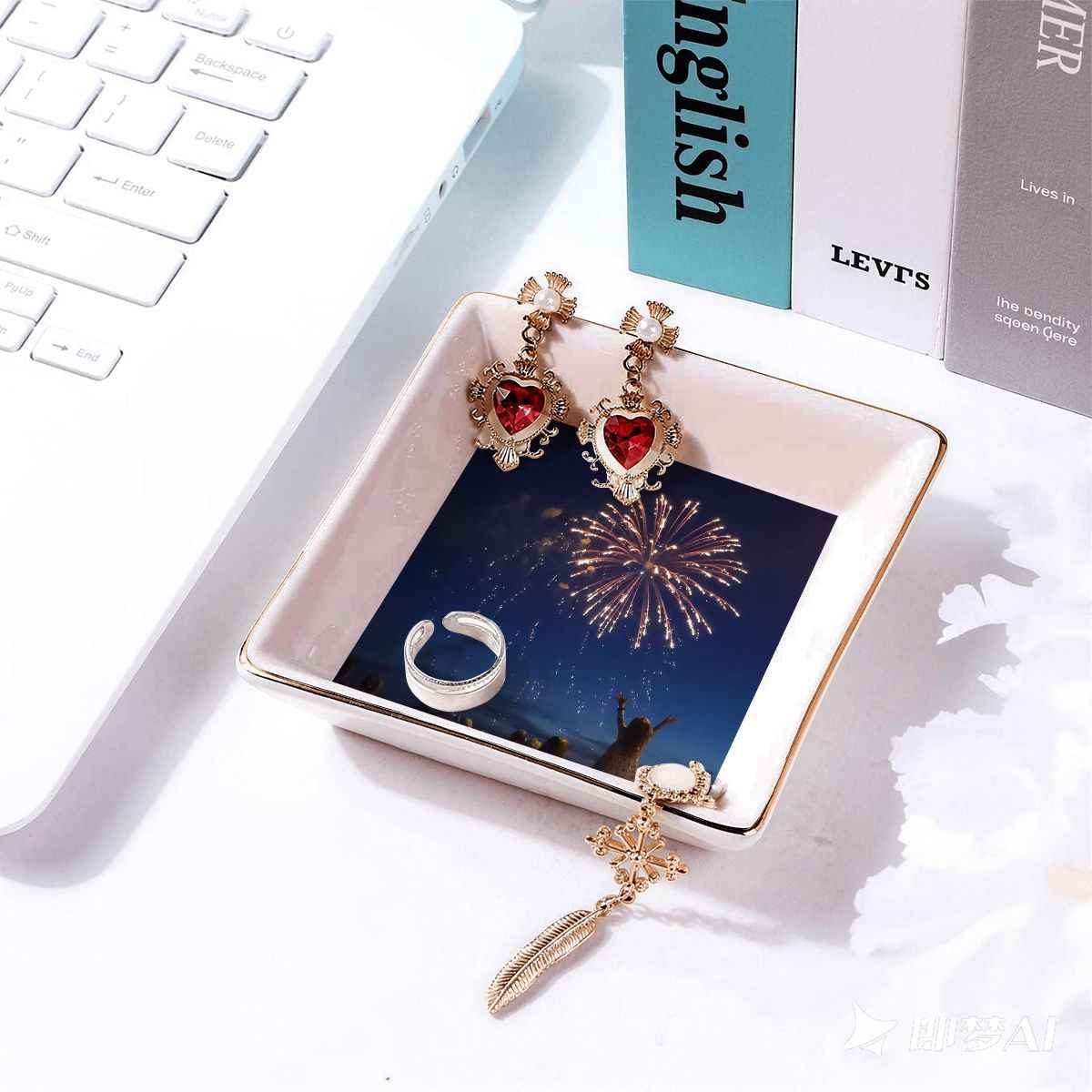 Gold Trim Jewelry Dish Fireworks