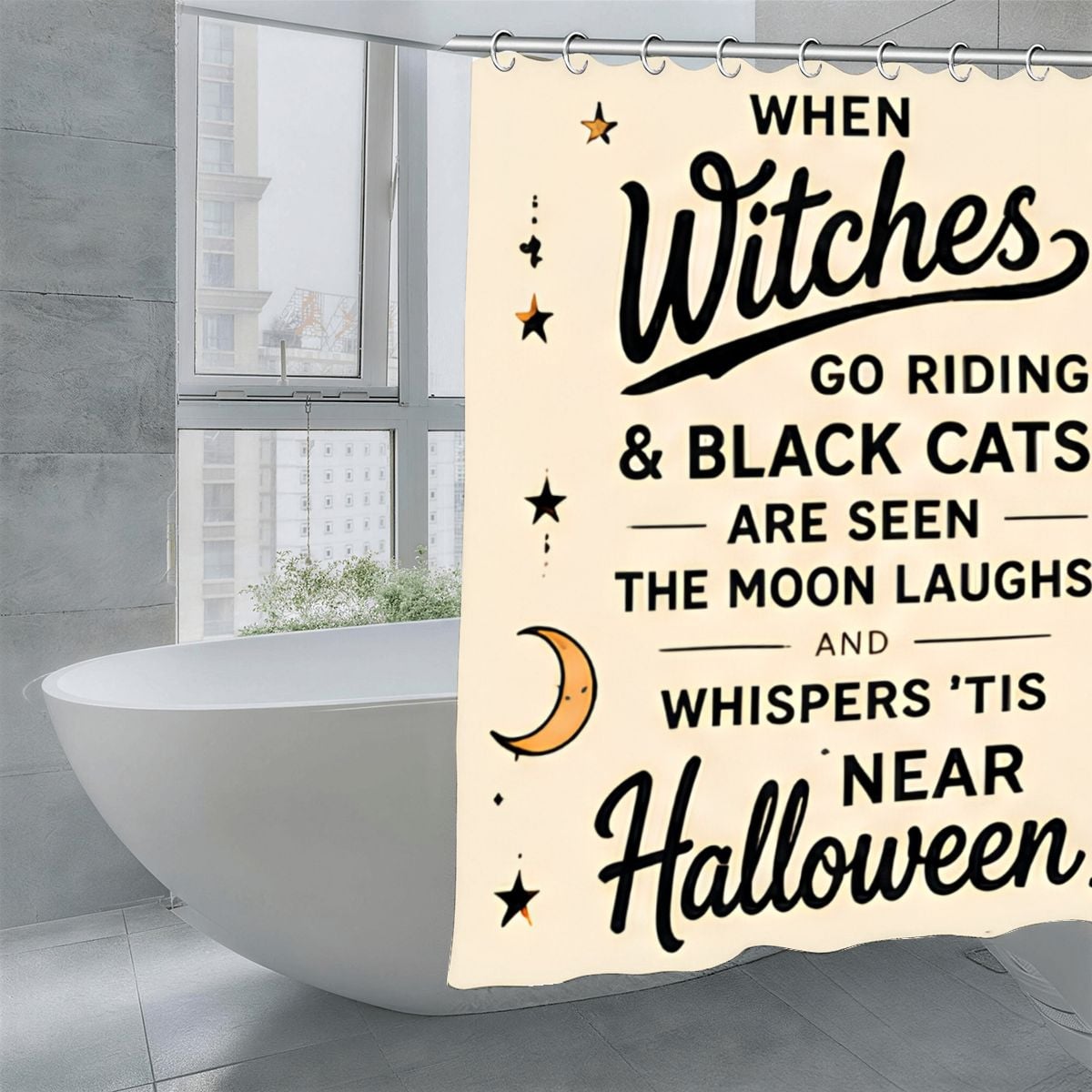 Halloween themed shower curtain with spooky witch and black cat typography.