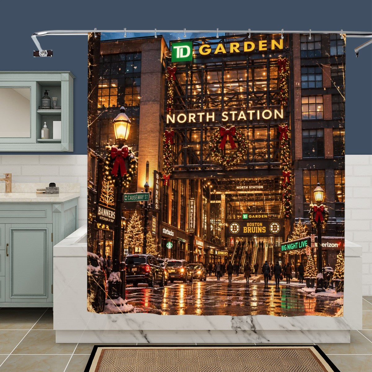 Boston North Station Christmas Shower Curtain | Holiday City Scene