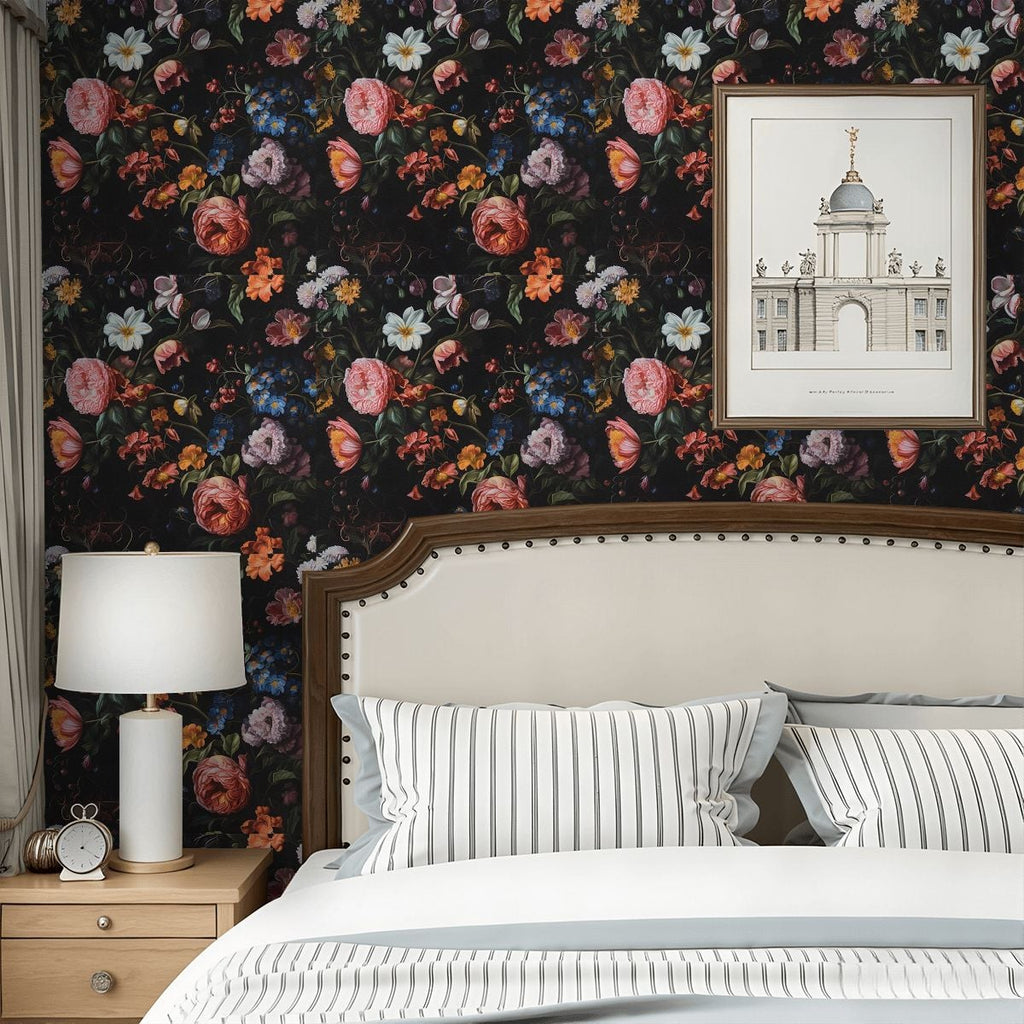 Bedroom with dark floral wallpaper, white headboard, striped bedding, and framed art.