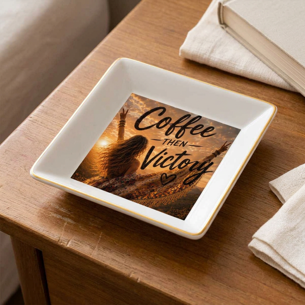 Gold-rimmed Coffee Then Victory ceramic jewelry dish on a warm wooden tabletop in soft daylight.
