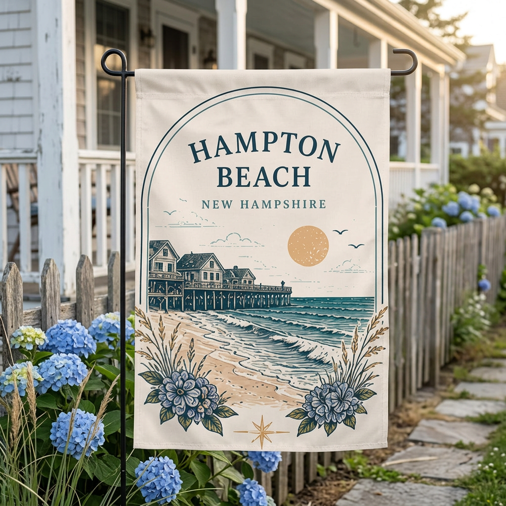 Hampton Beach garden flag in a New England cottage garden