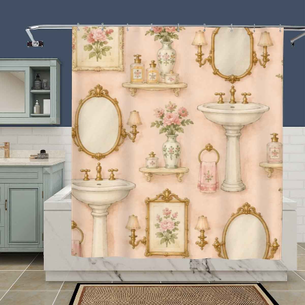 French Provencal Shower Curtain – Sunny Yellow Lavender Delft Pedestal Sink Bathroom Decor