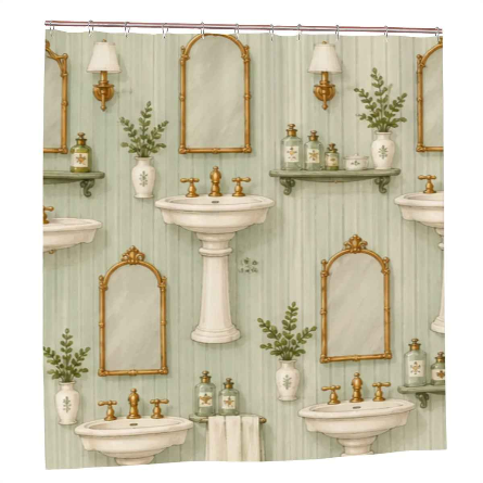 French Provencal Shower Curtain – Sunny Yellow Lavender Delft Pedestal Sink Bathroom Decor