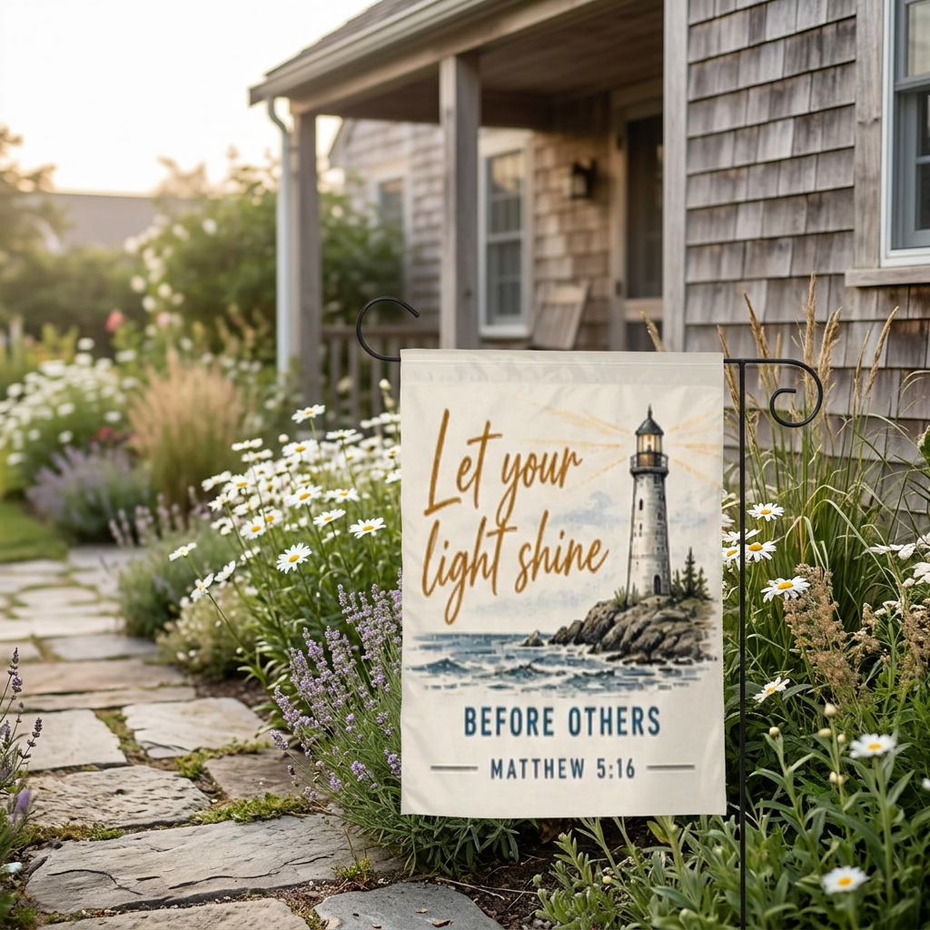 Let Your Light Shine garden flag in a cottage garden