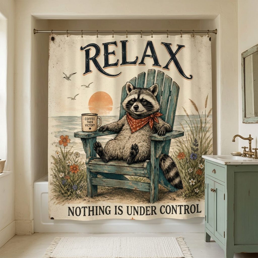 Raccoon shower curtain bathroom mockup